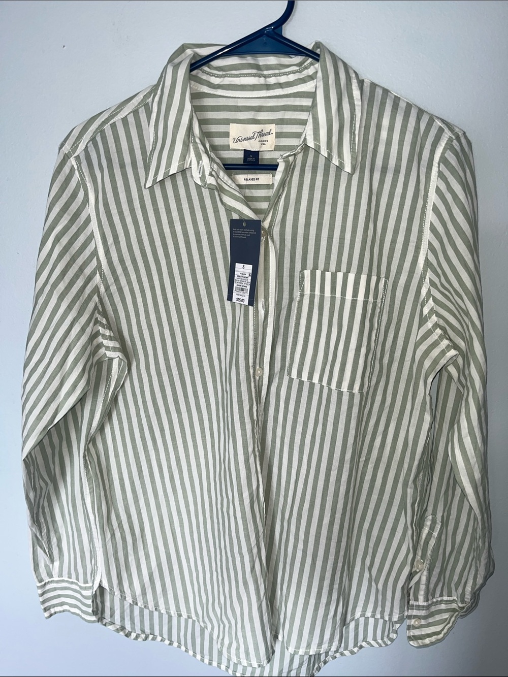 Universal Thread Green and White Vertical Stripe Button-Down Shirt